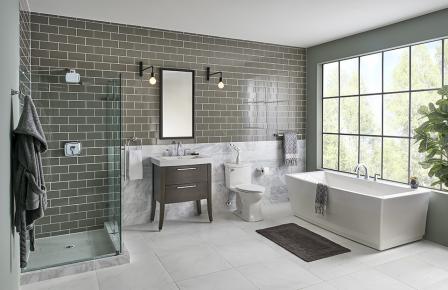 Tiled bathroom with a large window.