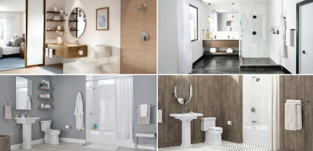 Images of bathrooms with elegant WaterSense fixtures.