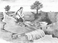 Sketch of someone monitoring a stream near a weir.