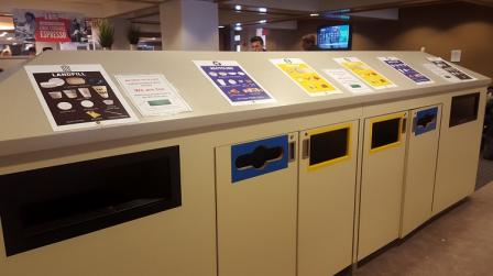 This is a picture of the trash, recycling and composting bins at Boston College.