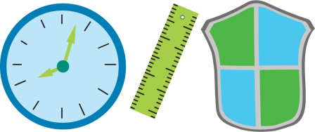 This image shows a clock, a ruler, and a shield in blue and green to represent the three principles of radiation protection: time, distance, and shielding.