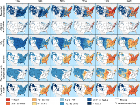 Figure 1: Geographic variation in exceedances of the six critical loads examined in this study from 1800-2006 (illustrative decadal averages are shown centered on the intervening year; e.g. “1955” represents the average from 1950-1959).