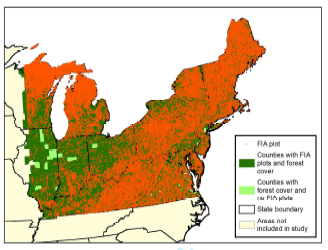 Figure 5: Northeastern study area. FIA plots are orange points, and counties with (dark green) and without (light green) FIA points are shown.