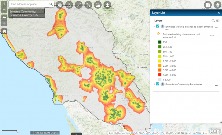 Example of EnviroAtlas map for Sonoma county, highlighting estimated walking distance to a park entrance. Parks come in many forms, from large forested parks to recreational fields, and were included in this analysis if they were within a 5km buffer aroun
