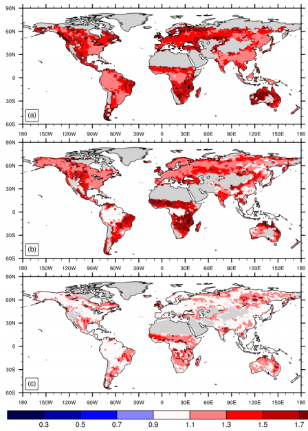 Figure 4: Gross primary production response of the CLM family of models to elevated N (+50 kg N ha-1 yr-1) for the CLM4 (a), CLM4.5 (b), and CLM5 (c). 