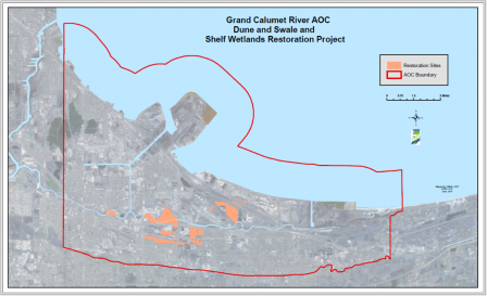 Map of areas within the Grand Calumet River AOC in which the Dune,  Swale, and Shelf Wetlands Restoration project was implemented. Credit: IDEM.