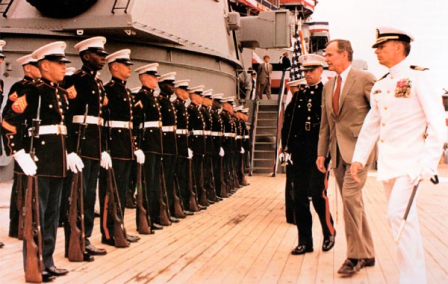 President George H.W. Bush on the deck of the USS Iowa