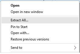 From the selected zip file's context menu, select the Extract All command