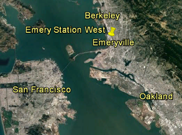 Aerial view of location of Emery Station West, between Berkeley and Emeryville in the San Francisco Bay Area