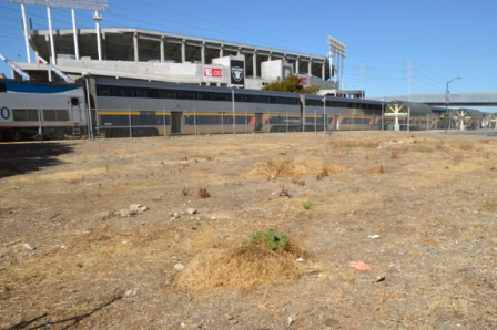View of UPRR site with Oakland Coliseum in the background