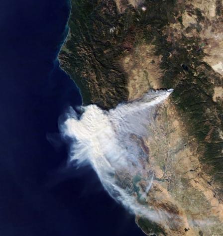Satellite map  of smoke from Camp fire that is blown west to San Francisco Bay area