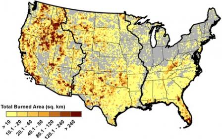 Map showing the majority of the U.S. has some areas burned to some degree based on data on wildfires greater than 0.202 km2 (50-ac) from 1992 to 2015 within a 20-km grid.