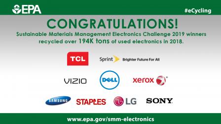 Congratulations! Sustainable Materials Management Electronics Challenge 2019 winners recycled over 194 thousand tons of used electronics in 2018. 