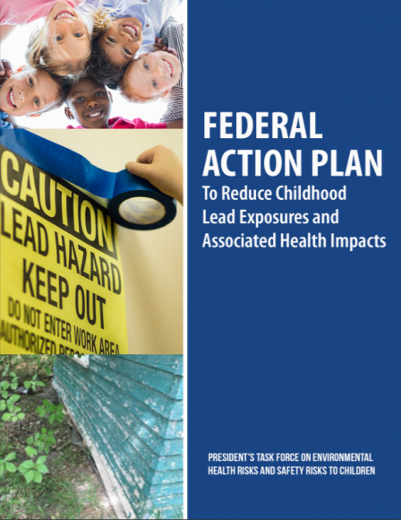 The cover of the federal lead action plan report featuring a picture of kids, a picture of a lead warning sign, and a picture of an old shed with chipping paint