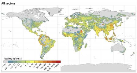 The map shows global emission patterns developed for the 2018 Global Mercury Assessment. Full description of results at https://www.sciencedirect.com/science/article/pii/S1352231019303024, section 3 (results). 