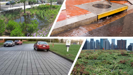 Rain garden, stormwater running down storm drain, permeable pavement, green rrof