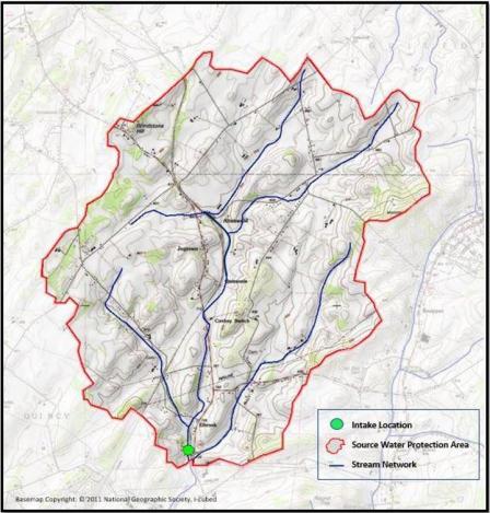 Topographical map depicting a delineated source water protection area (SWPA)