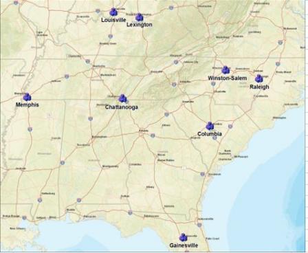 This map identifies cities in the Southeast Region states for which urban soil background sampling has been completed.