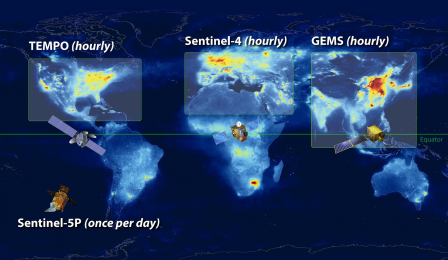 Constellation of geostationary air quality satellites in the northern hemisphere, along with European Space Agency Sentinel 5P TROPOMI polar orbiting satellite. Image: NASA LaRC