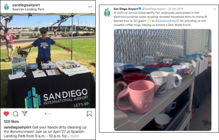 Airport social media posts showing a display table at a park cleanup event and reusable coffee mugs used at a Zero Waste Event.