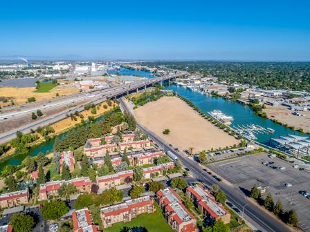 Aerial view of Stockton's downdown and waterfront