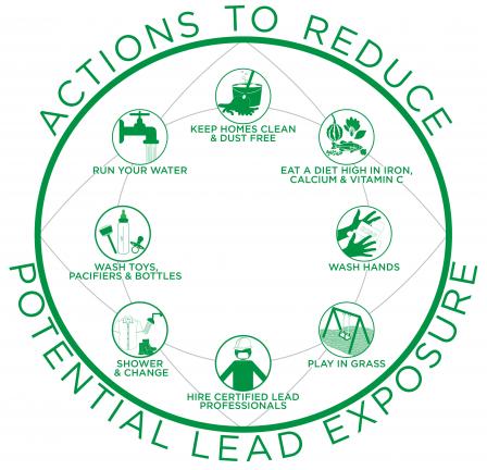 Circle infographic with 8 images of actions to reduce lead exposure