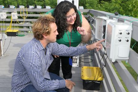 Dr. Clements demonstrates an air sensor at the Air Innovation Research Site on EPA's RTP campus