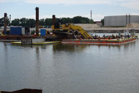 Dredging in the River Raisin to removed contaminated sediment.