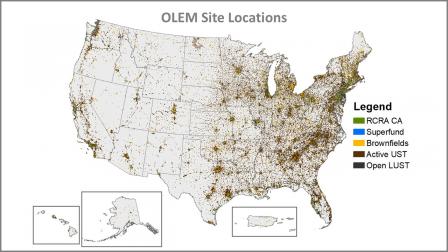 This image georeferences all sites across EPA's Office of Land and Emergency Management programs on a map of the United States.