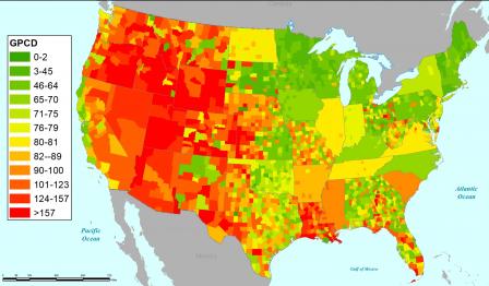 Figure presenting USGS data from the 2015 report highlighting domestic water use by county on a gallons per capita per day (GPCD) basis. Individual values are available from the USGS at the link above.