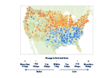 Map showing the change in first leaf dates at weather stations across the contiguous 48 states. This map compares the average first leaf date during two 10-year periods: 1951-1960 and 2006-2015.
