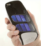 A photograph of a handheld solar powered device.