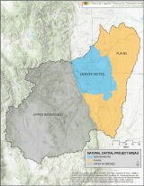 this map shows the three sections of the South Platte Watershed: the upper watershed, the Denver Metro, and the Plains 