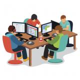 Stock cartoon of software developers sitting at a communal desk working on their computers - also a link to the CMAQ developers guide