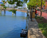 Village Blue's water quality sensors are mounted underwater in Baltimore's Jones Falls River, shown here. The data collected by the sensors is stored and transmitted by equipment housed in this weather-proof box (foreground).