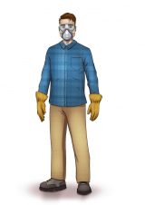 Illustration of a man wearing appropriate gear to clean up ash after a wildfire