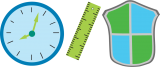 This image shows a stopwatch, a ruler, and a shield in blue and green to represent the three principles of radiation protection: time, distance, and shielding.