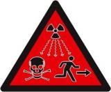 This image shows a red triangle with a radiation symbol, skull and crossbones, and stick figure running away.