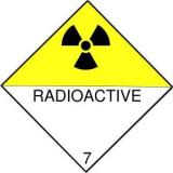 This image shows a diamond where the top half is yellow and contains the radiation trefoil, and the bottom half has the word RADIOACTIVE and the number 7.