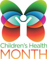 Graphic identifier of Children's Health month with white silouhette of child with arms up in the center