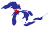Map of the Great Lakes showing general location of the Manistique River AOC